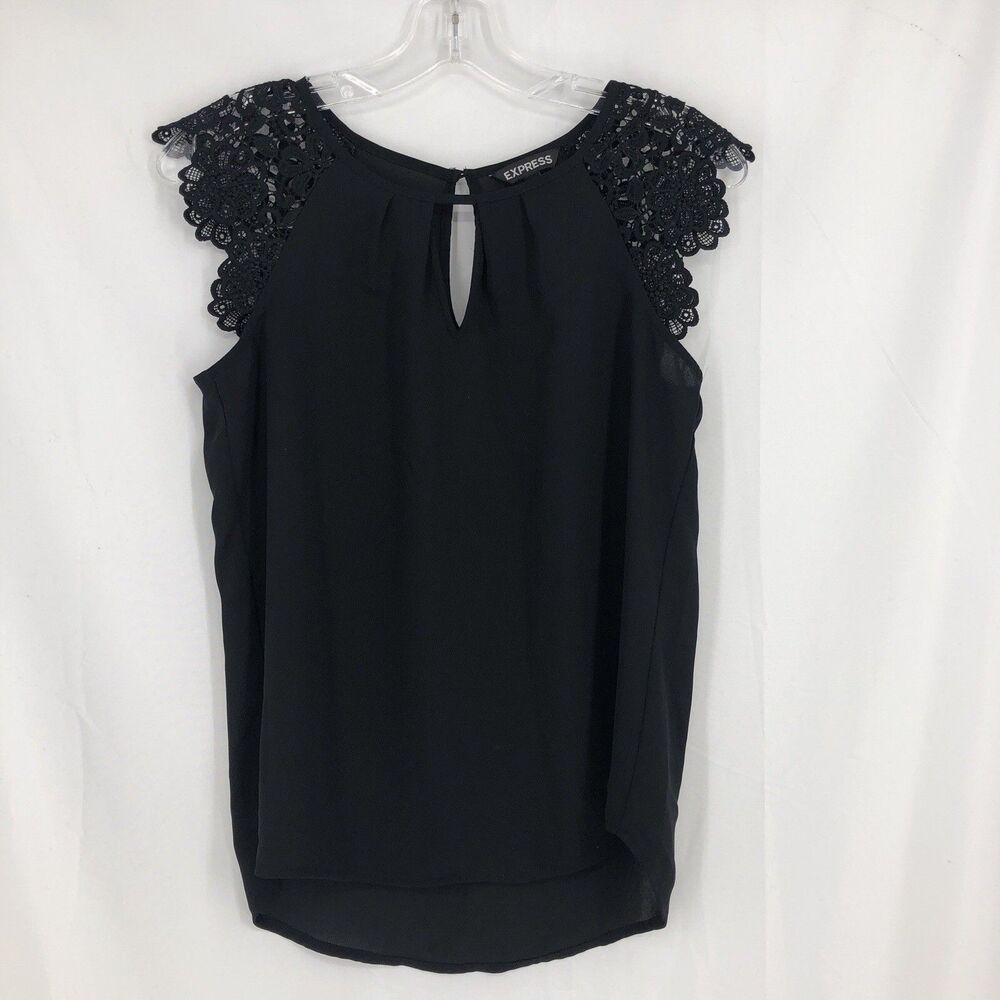 Express Black Blouse Key Hole Neck Cap Lace Sleeve XS